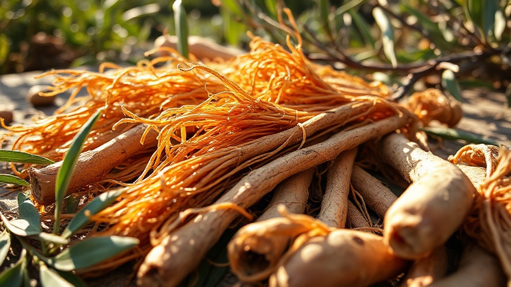 Raíces secas de ginseng siberiano (Eleutherococcus senticosus) sobre fondo de madera, con texto informativo.